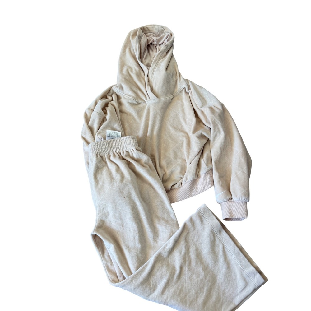 Nike Girls Size 6 Cream Velour Quilted Hoodie and Wide Leg Pants Set 2PC